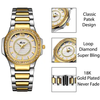 MISSFOX Patek Moterų Laikrodžiai Mados Prekės ženklo Elegantiškas Ponios Deimantų Žiūrėti Moterų Metalo, Plieno 30M atsparus Vandeniui Karalienė Kvarcinis Laikrodis