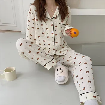 Medvilnės namų drabužių moterų pižama nustatyti animacinių filmų lokys spausdinti namo kostiumas rudenį long sleeve top kelnes 2vnt sleepwear naujas Y203