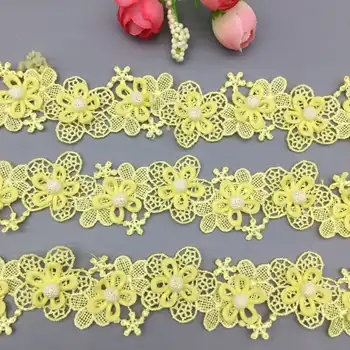 2 metrų Geltona Pearl Zawalcowany 3D Gėlių Gėlių Nėrinių Apdaila Juostele Audinio Siuvinėtos Aplikacijos 
