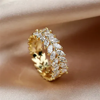 Prabanga Moterų Baltos Spalvos Lapų Kristalų Papuošalai Rose Aukso Sidabro Spalvos Vestuvinis Žiedas Žavesio Nuotaka Cirkonis Vestuvių Juostoje Žiedai Moterims