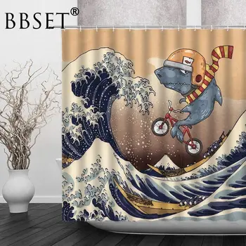 Japonijos Banga Dušo Užuolaidos Derliaus Animacinių filmų Ryklys Juokinga Gyvūnų Modelis Vandeniui Multi-dydis Cortina De Bano Vonios kambarys Dekoro